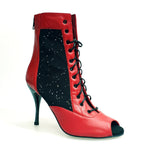 Load image into Gallery viewer, IRENE Red Black - Sandalo a Mezzo Stivaletto con Zip in Pelle Rossa e Pizzo con Paillettes boreali con Tacco a Spillo Smaltato Nero Glitterato
