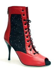 Load image into Gallery viewer, IRENE Red Black - Sandalo a Mezzo Stivaletto con Zip in Pelle Rossa e Pizzo con Paillettes boreali con Tacco a Spillo Smaltato Nero Glitterato
