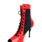 Load image into Gallery viewer, IRENE Red Black - Sandalo a Mezzo Stivaletto con Zip in Pelle Rossa e Pizzo con Paillettes boreali con Tacco a Spillo Smaltato Nero Glitterato
