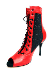 Load image into Gallery viewer, IRENE Red Black - Sandalo a Mezzo Stivaletto con Zip in Pelle Rossa e Pizzo con Paillettes boreali con Tacco a Spillo Smaltato Nero Glitterato
