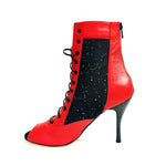 Load image into Gallery viewer, IRENE Red Black - Sandalo a Mezzo Stivaletto con Zip in Pelle Rossa e Pizzo con Paillettes boreali con Tacco a Spillo Smaltato Nero Glitterato
