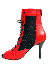 Load image into Gallery viewer, IRENE Red Black - Sandalo a Mezzo Stivaletto con Zip in Pelle Rossa e Pizzo con Paillettes boreali con Tacco a Spillo Smaltato Nero Glitterato
