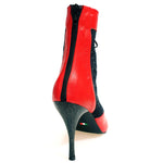 Load image into Gallery viewer, IRENE Red Black - Sandalo a Mezzo Stivaletto con Zip in Pelle Rossa e Pizzo con Paillettes boreali con Tacco a Spillo Smaltato Nero Glitterato
