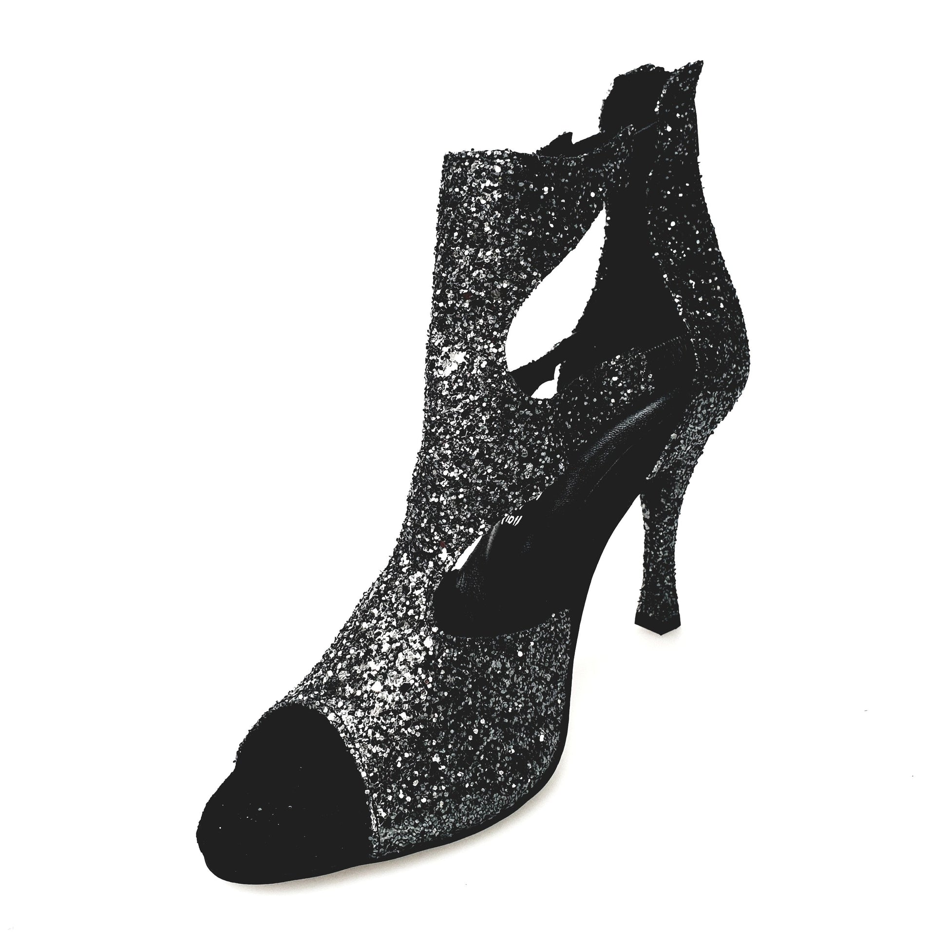 Sandalo da donna Nina Kristall di Wish Dance Shop con cristalli carbon, fodera in pelle e tacco quadrato sottile.