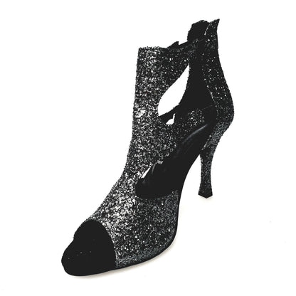 Sandalo da donna Nina Kristall di Wish Dance Shop con cristalli carbon, fodera in pelle e tacco quadrato sottile.