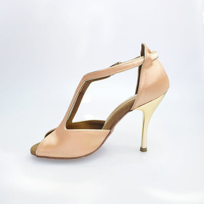 Scarpa da donna Wish Dance Shop ELIDE 401 in raso seta carne con tacco a spillo laminato oro, elegante e raffinata.