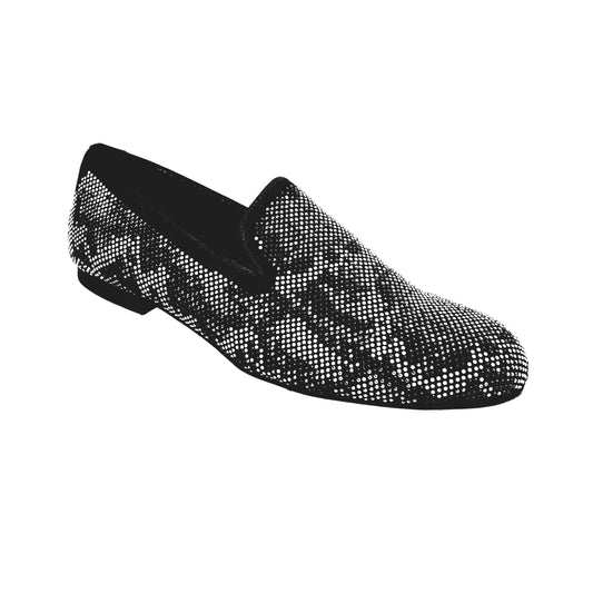 Mocassino da uomo Viper Black in camoscio nero con Swarovski bianchi e neri, suola in Mini Microlight, design elegante.