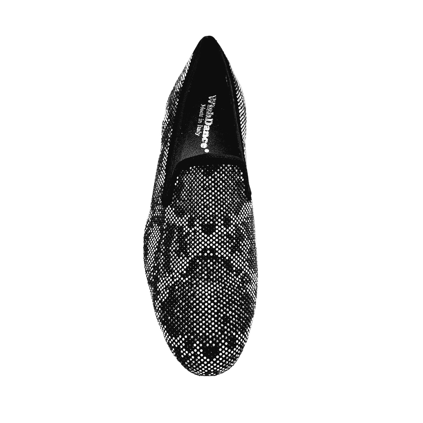 Mocassino uomo Viper Black (800PJ) in camoscio nero con Swarovski bianchi e neri, suola in Mini Microlight, dettaglio elegante