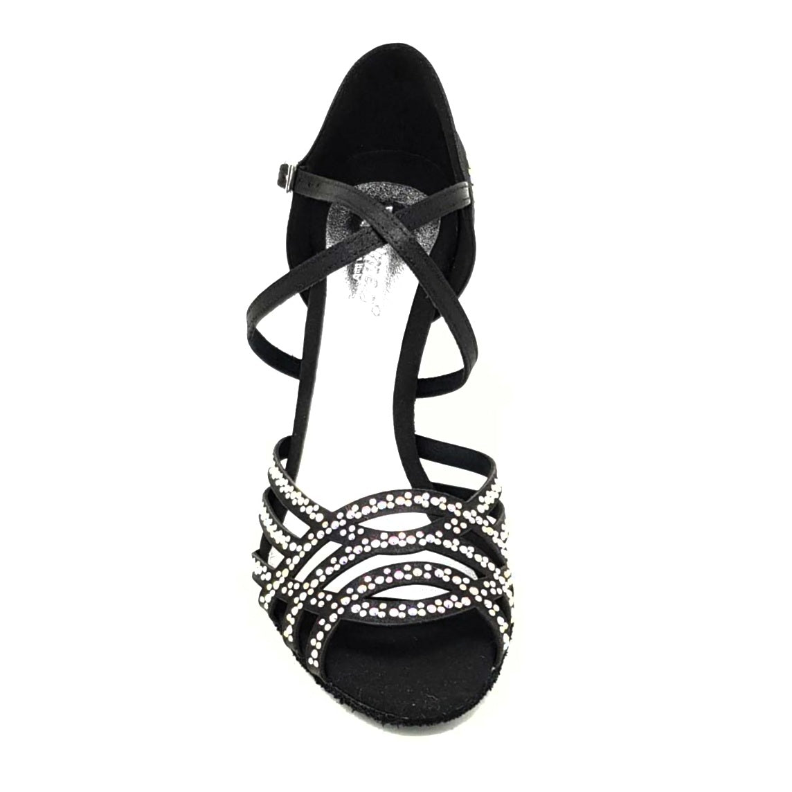 Scarpa da donna Carolin QC Marea L14 in raso seta nero corvino con Swarovski Boreali e tacco a rocchetto slim alto