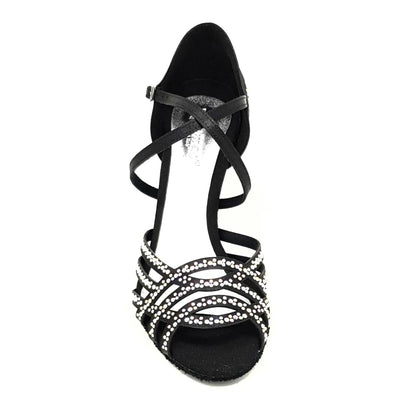Scarpa da donna Carolin QC Marea L14 in raso seta nero corvino con Swarovski Boreali e tacco a rocchetto slim alto