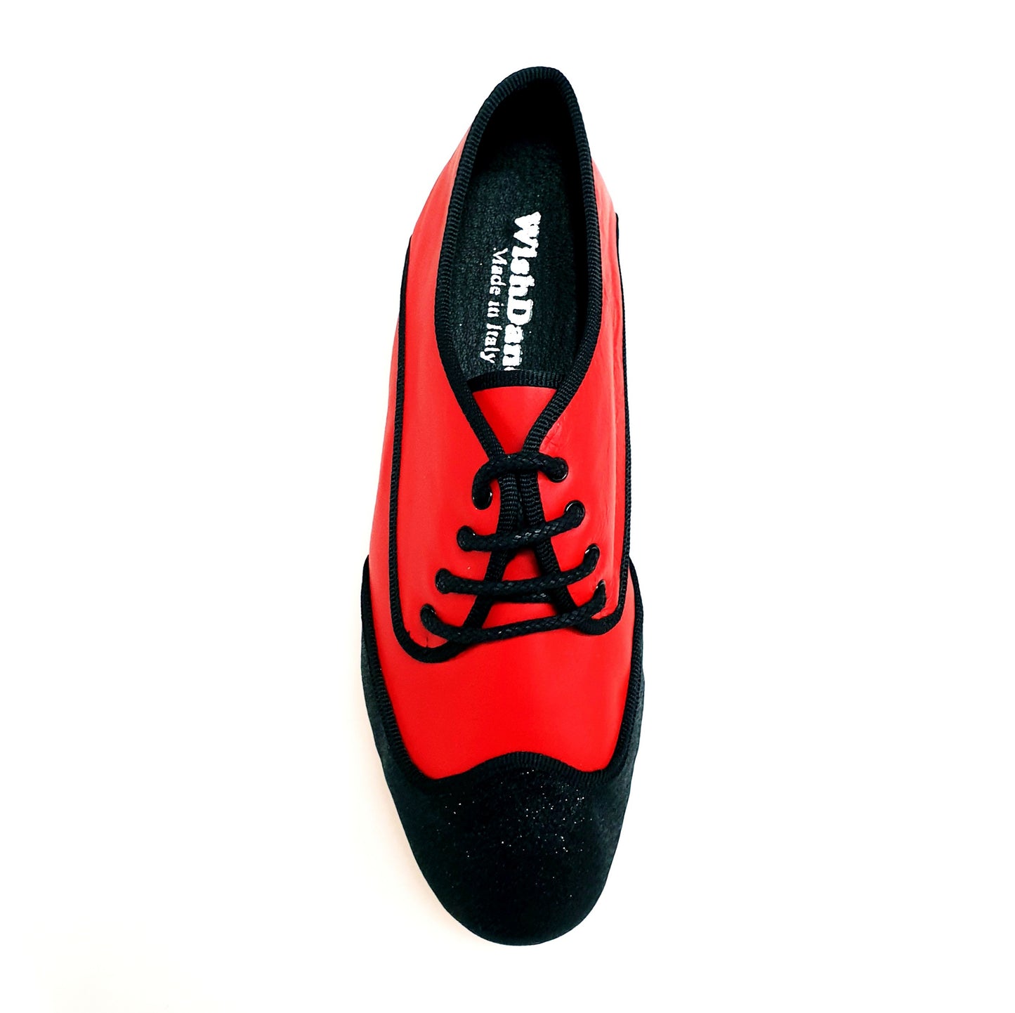 Scarpa jazz Billie Red Devil Wish Dance Shop con punta glitter nera, profili cro nero, pelle rossa e dettagli lucidi.