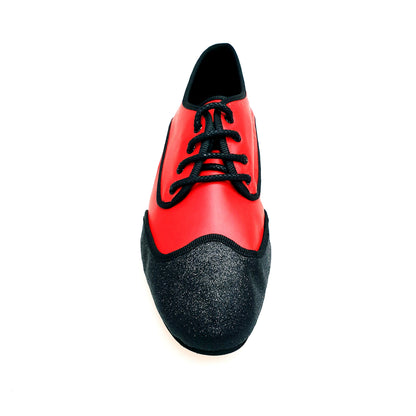 Scarpa jazz Billie Red Devil Wish Dance Shop con punta glitter nera, pelle rossa e profili neri, ideale per danza e spettacoli.