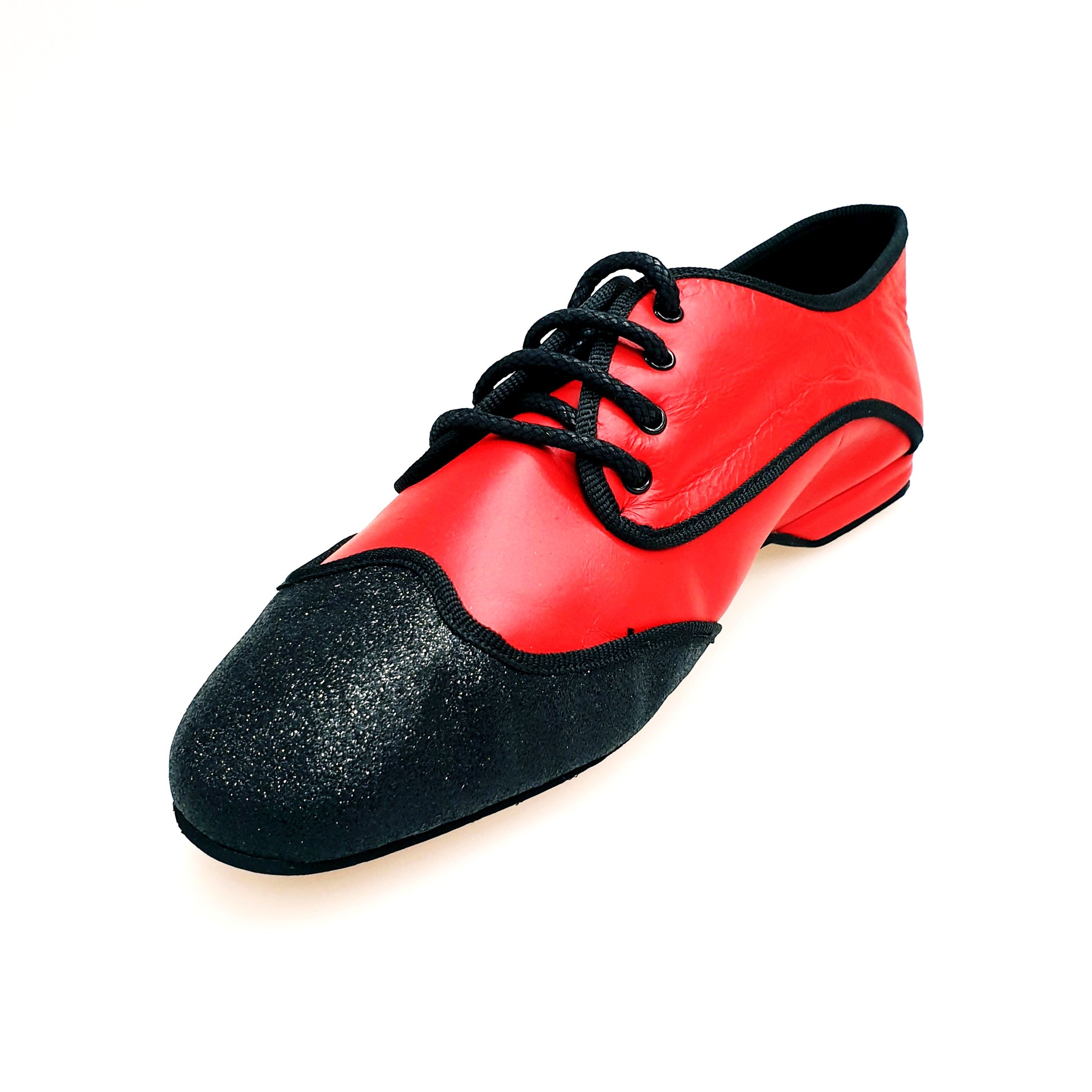 Scarpa jazz Billie Red Devil Wish Dance Shop con punta glitter nera e dettagli in pelle rossa, profili in cro nero.
