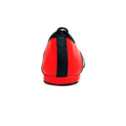 Scarpa jazz Billie Red Devil Wish Dance Shop con punta glitter nera, pelle rossa e profili cro nero, vista frontale.