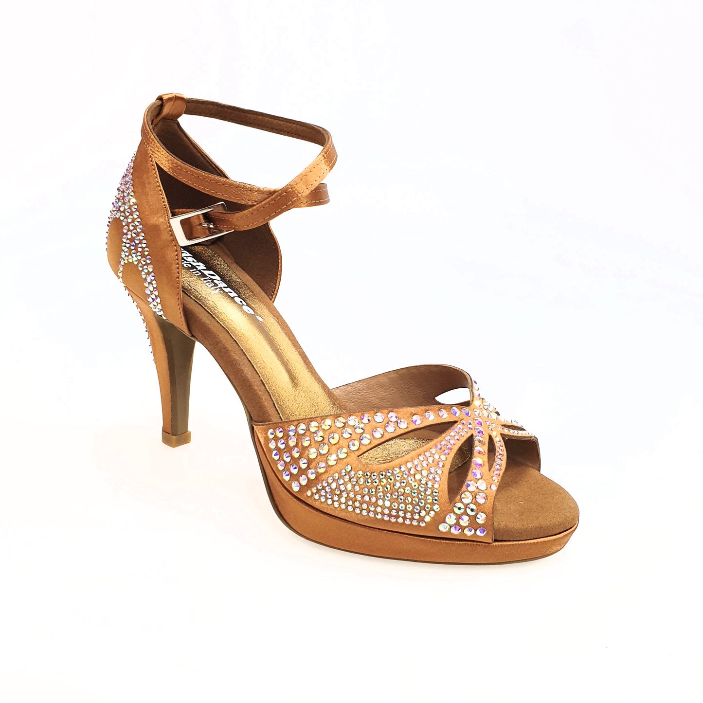 Scarpa da ballo Wish Dance Shop Deluxe Butterfly in raso seta bronzo tan con Swarovski, tacco basso e plateau flessibile
