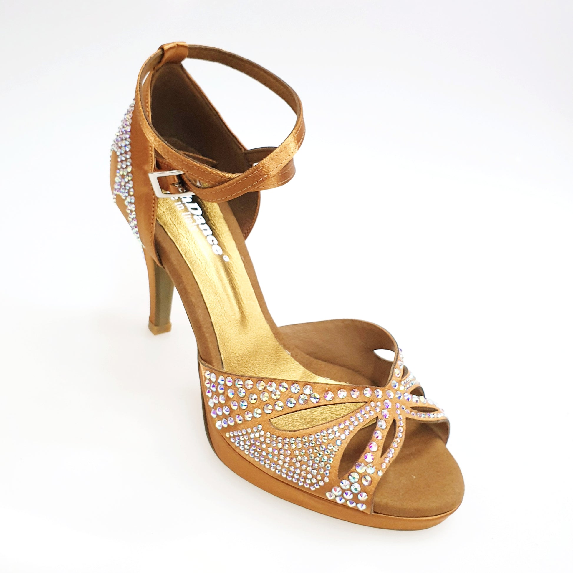 Scarpa da ballo in raso seta bronzo tan con Swarovski, tacco basso a spillo largo e plateau flessibile, modello DELUXE Butterfly LP2.