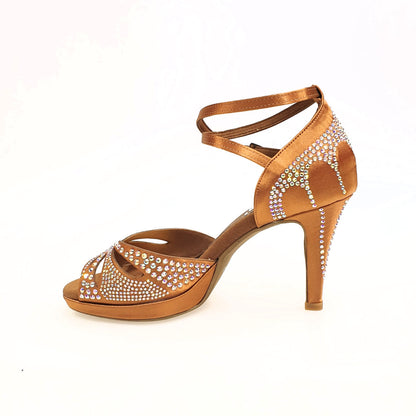 Scarpa da ballo in raso seta bronzo tan con Swarovski, tacco basso a spillo largo e plateau flex, modello DELUXE Butterfly LP2