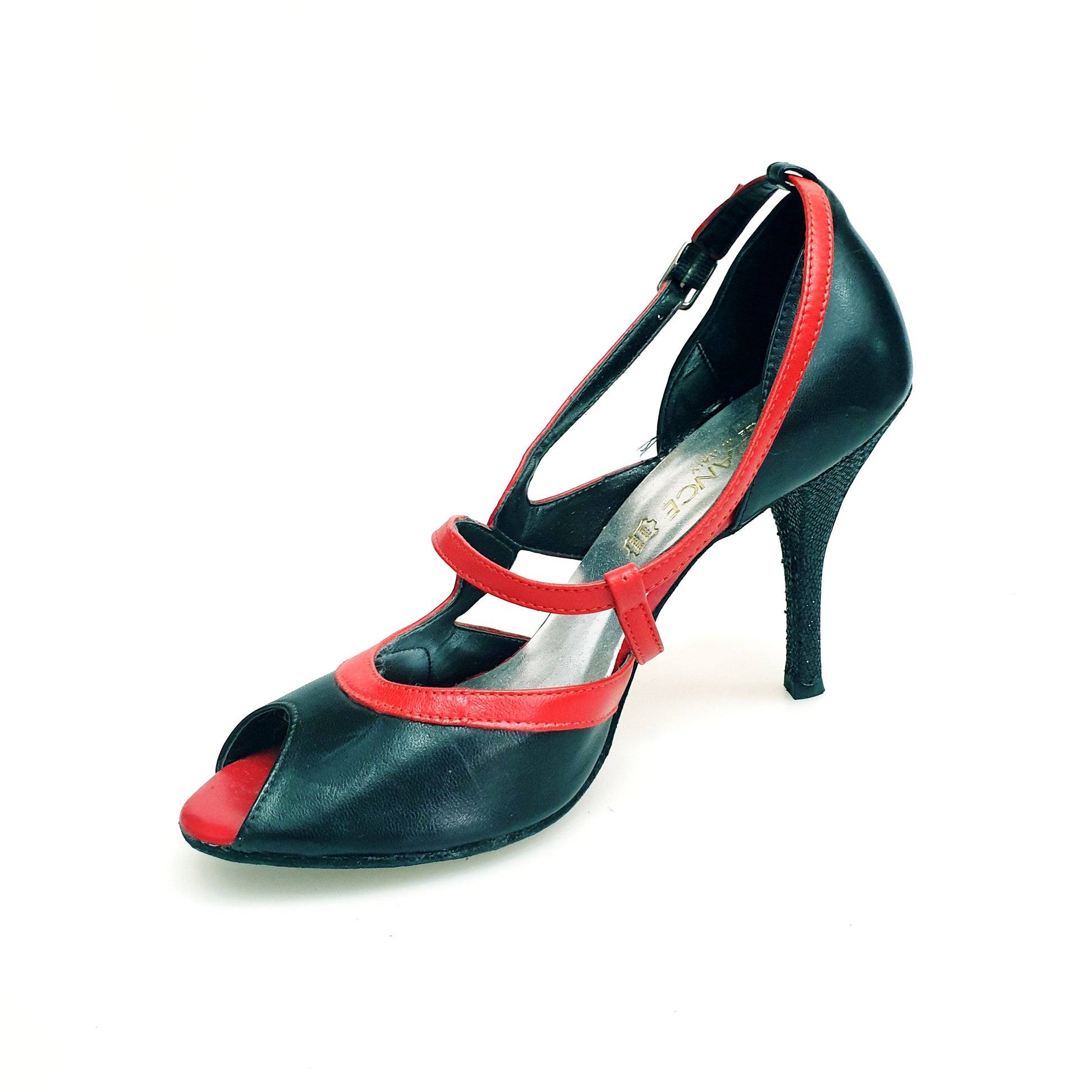 Scarpa da donna Malena 4400 in pelle nera e rossa, elegante e alla moda, con dettagli in pelle rossa e suola robusta.