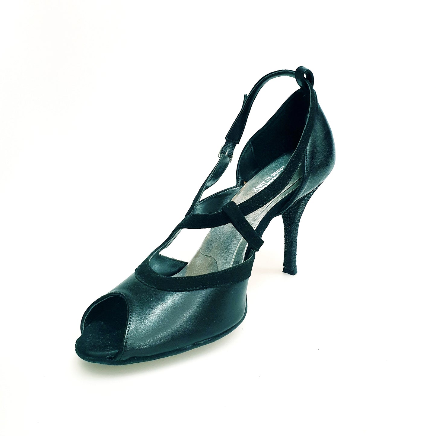 Scarpa da donna Malena Wish Dance Shop in pelle e camoscio nero con tacco glitter nero, elegante e comoda.