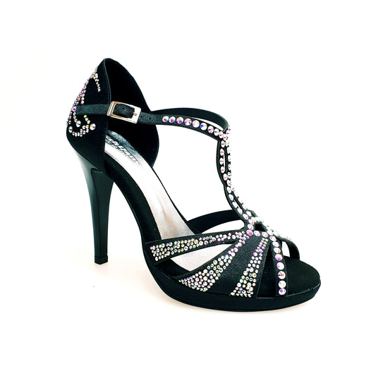 Scarpa da ballo in raso seta nero TANIA Superb L13P con Swarovski Boreali, tacco alto a spillo largo e plateau comfort flex
