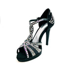 Load image into Gallery viewer, TANIA Superb (accollata) L13P - Scarpa da Ballo in Raso Seta Nero con Swarovski Boreali e Tacco Alto a Spillo Largo in Alluminio Smaltato nero con Plateau Confort Flex
