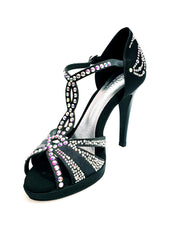 Carica immagine nella Galleria, TANIA Superb (accollata) L13P - Scarpa da Ballo in Raso Seta Nero con Swarovski Boreali e Tacco Alto a Spillo Largo in Alluminio Smaltato nero con Plateau Confort Flex
