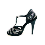 Load image into Gallery viewer, TANIA Superb (accollata) L13P - Scarpa da Ballo in Raso Seta Nero con Swarovski Boreali e Tacco Alto a Spillo Largo in Alluminio Smaltato nero con Plateau Confort Flex
