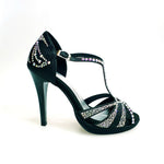Load image into Gallery viewer, TANIA Superb (accollata) L13P - Scarpa da Ballo in Raso Seta Nero con Swarovski Boreali e Tacco Alto a Spillo Largo in Alluminio Smaltato nero con Plateau Confort Flex
