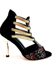 Carica immagine nella Galleria, Sara Gold Plus (460PW) - Sandalo da Donna in Camoscio Nero Con Livrea Samakaka Oro tacco a spillo laminato Oro Elastici Oro
