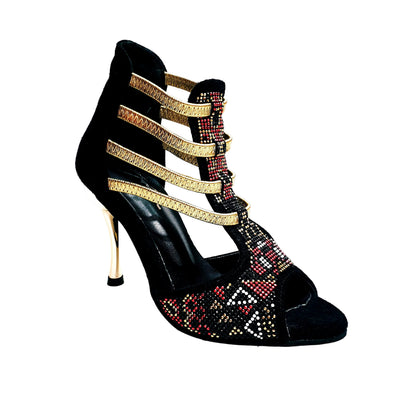 Sandalo da donna Sara Gold Plus Wish Dance Shop in camoscio nero con dettagli oro, tacco a spillo laminato e elastici dorati.