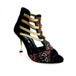 Load image into Gallery viewer, Sara Gold Plus (460PW) - Sandalo da Donna in Camoscio Nero Con Livrea Samakaka Oro tacco a spillo laminato Oro Elastici Oro
