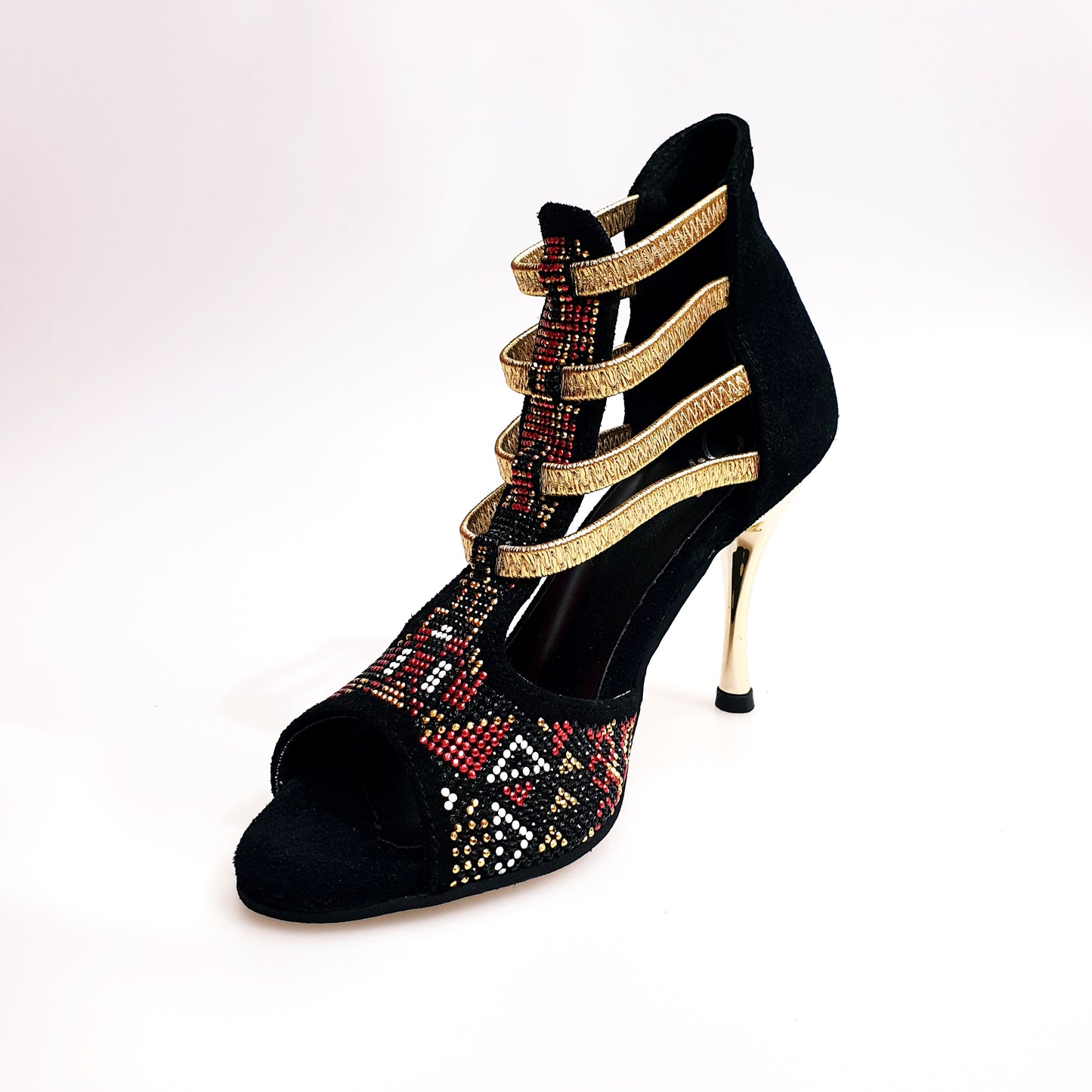 Sandalo da donna Sara Gold Plus Wish Dance Shop in camoscio nero con dettagli oro, tacco a spillo laminato e elastici dorati.