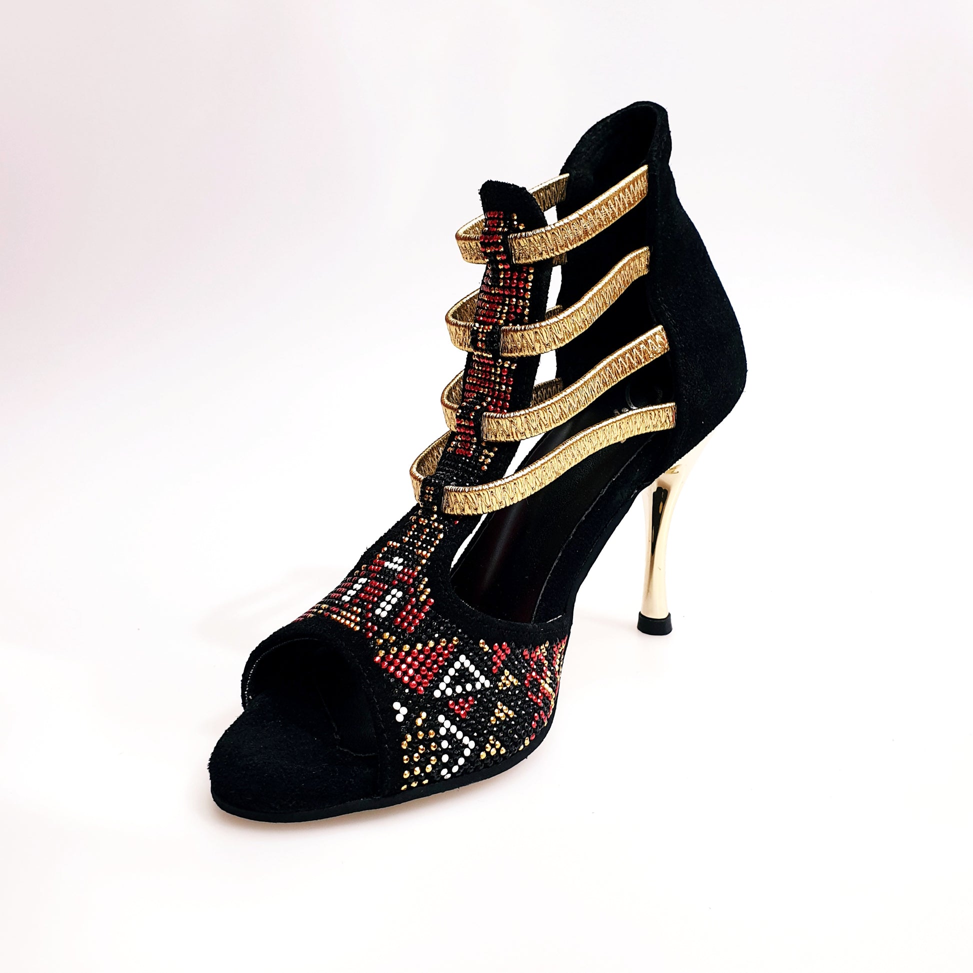 Sandalo da donna Sara Gold Plus Wish Dance Shop in camoscio nero con dettagli oro, tacco a spillo laminato e elastici dorati.