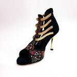 Load image into Gallery viewer, Sara Gold Plus (460PW) - Sandalo da Donna in Camoscio Nero Con Livrea Samakaka Oro tacco a spillo laminato Oro Elastici Oro
