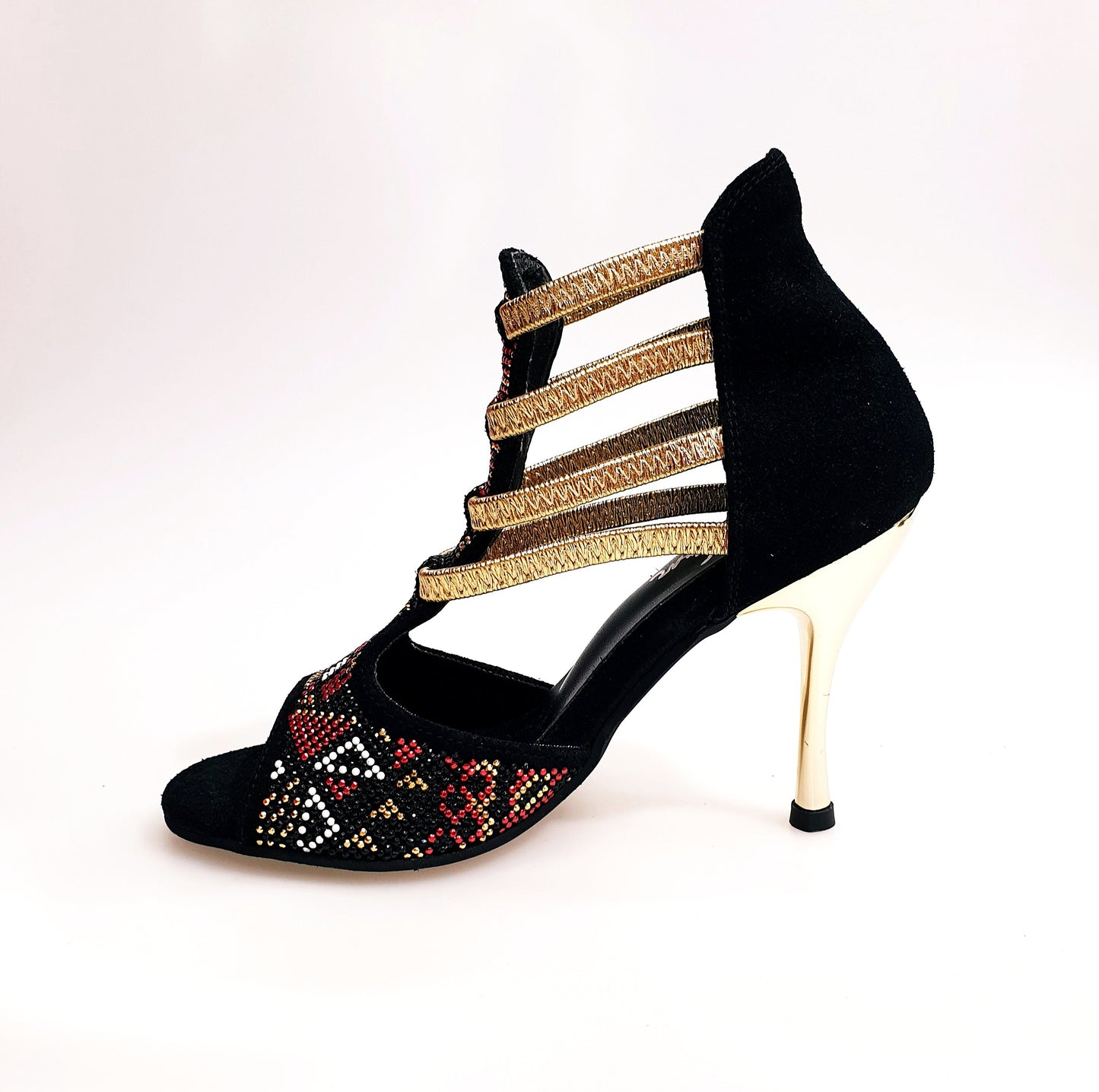 Sandalo da donna Sara Gold Plus di Wish Dance Shop, scarpe da ballo in camoscio nero con dettagli in oro e tacco a spillo laminato oro