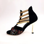 Load image into Gallery viewer, Sara Gold Plus (460PW) - Sandalo da Donna in Camoscio Nero Con Livrea Samakaka Oro tacco a spillo laminato Oro Elastici Oro
