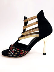 Carica immagine nella Galleria, Sara Gold Plus (460PW) - Sandalo da Donna in Camoscio Nero Con Livrea Samakaka Oro tacco a spillo laminato Oro Elastici Oro
