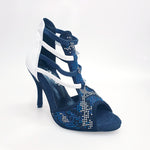 Load image into Gallery viewer, Viper Blu/White (460PW) - Sandalo da Donna in Camoscio Blu notte Livrea Vipera con borchiette bianche e Nere e Swarovski blu Elastici Bianchi e Blu con Tacco a Spillo Rivestito Pelle Bianca
