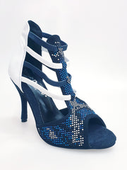 Load image into Gallery viewer, Viper Blu/White (460PW) - Sandalo da Donna in Camoscio Blu notte Livrea Vipera con borchiette bianche e Nere e Swarovski blu Elastici Bianchi e Blu con Tacco a Spillo Rivestito Pelle Bianca
