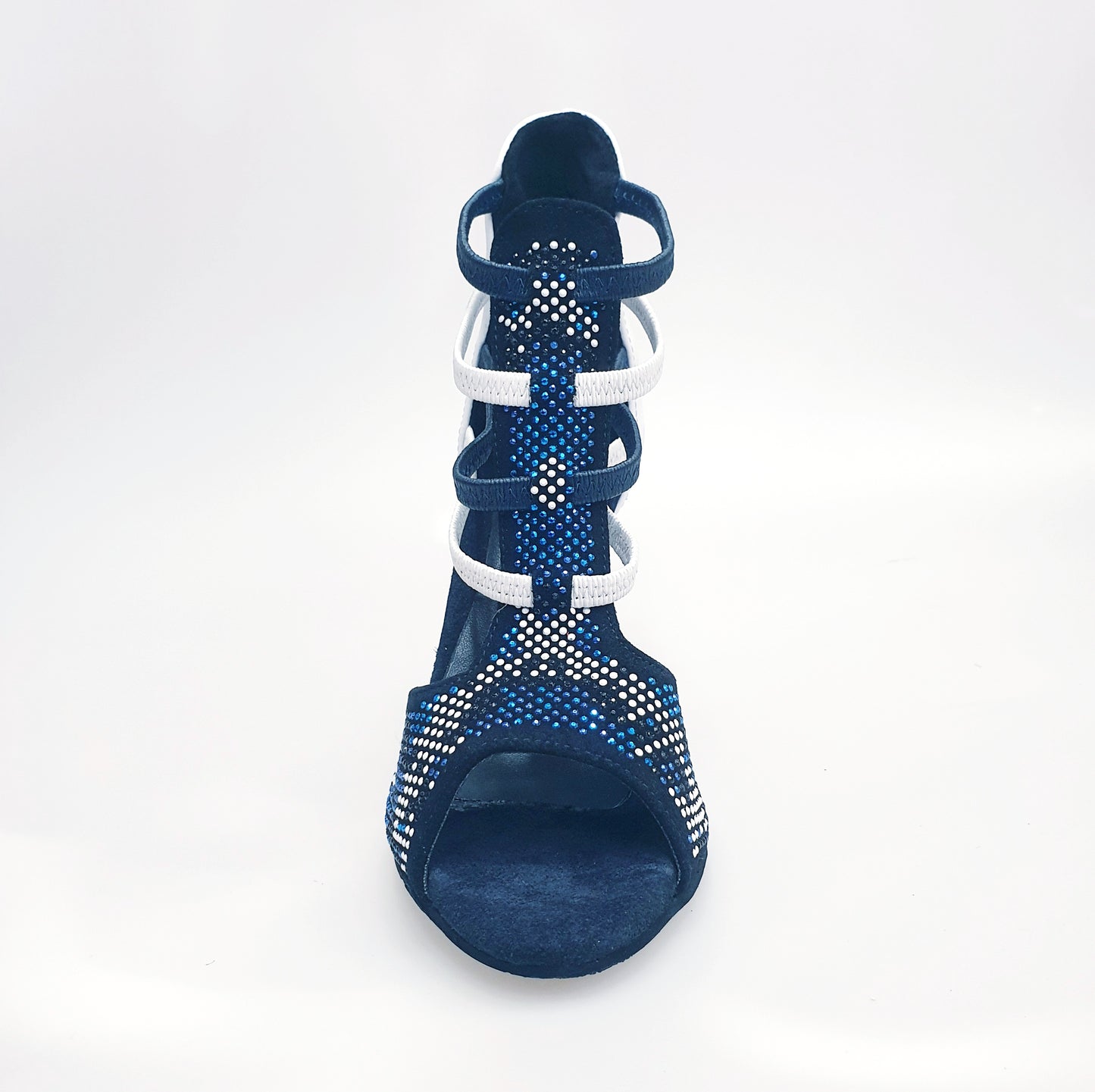 Sandalo donna Wish Dance Shop Viper Blu/White, camoscio blu notte, borchiette, Swarovski blu, elastici bianchi e blu, tacco rivestito.