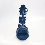 Load image into Gallery viewer, Viper Blu/White (460PW) - Sandalo da Donna in Camoscio Blu notte Livrea Vipera con borchiette bianche e Nere e Swarovski blu Elastici Bianchi e Blu con Tacco a Spillo Rivestito Pelle Bianca
