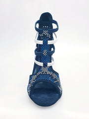 Load image into Gallery viewer, Viper Blu/White (460PW) - Sandalo da Donna in Camoscio Blu notte Livrea Vipera con borchiette bianche e Nere e Swarovski blu Elastici Bianchi e Blu con Tacco a Spillo Rivestito Pelle Bianca
