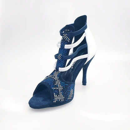 Sandalo Wish Dance Shop Viper Blu/White donna in camoscio blu notte, con borchiette bianche e nere, Swarovski blu ed elastici bianco e blu.