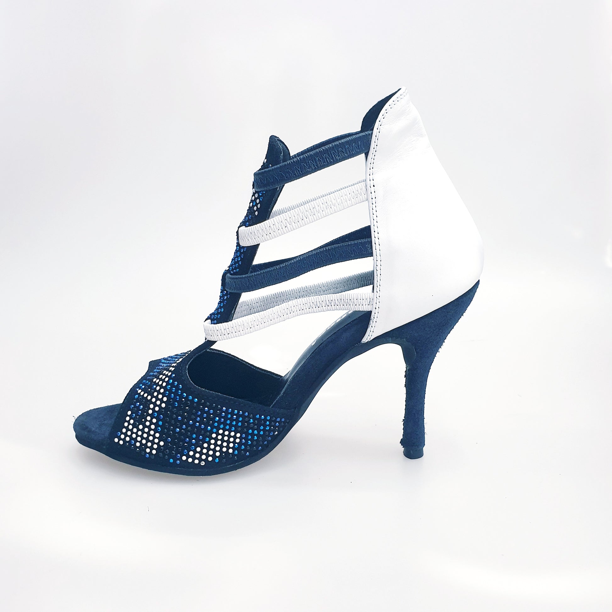 Sandalo da donna Wish Dance Shop Viper Blu/White, camoscio blu, borchiette bianche e nere, Swarovski blu, tacco rivestito.