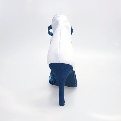 Sandalo Wish Dance Shop Viper Blu/White in camoscio blu notte con borchie bianche e nere, Swarovski blu e tacco a spillo rivestito.