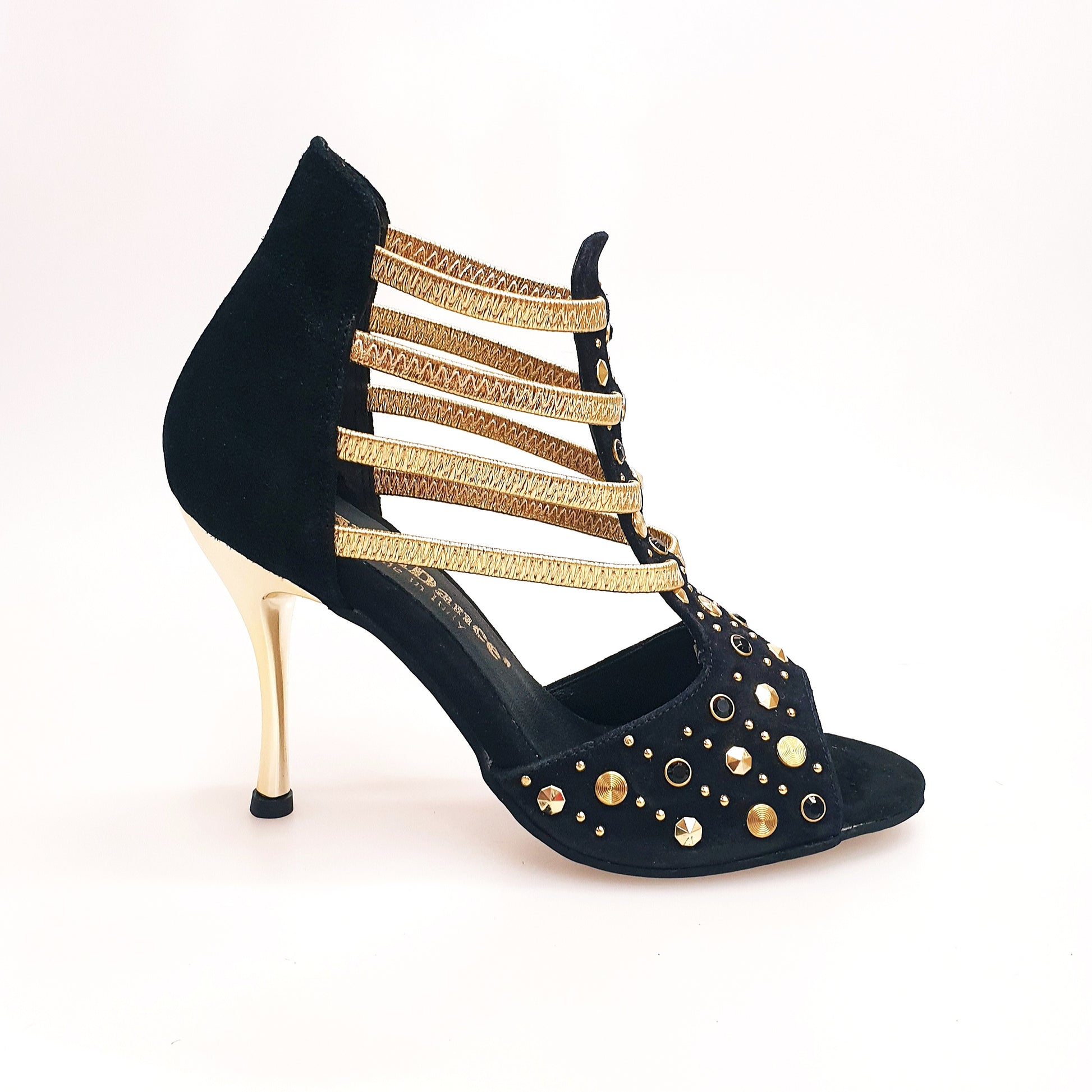 Sandalo da donna Swann Elizabeth Pirata Wish Dance Shop in camoscio nero con borchie oro, Swarovski neri e tacco a spillo laminato oro