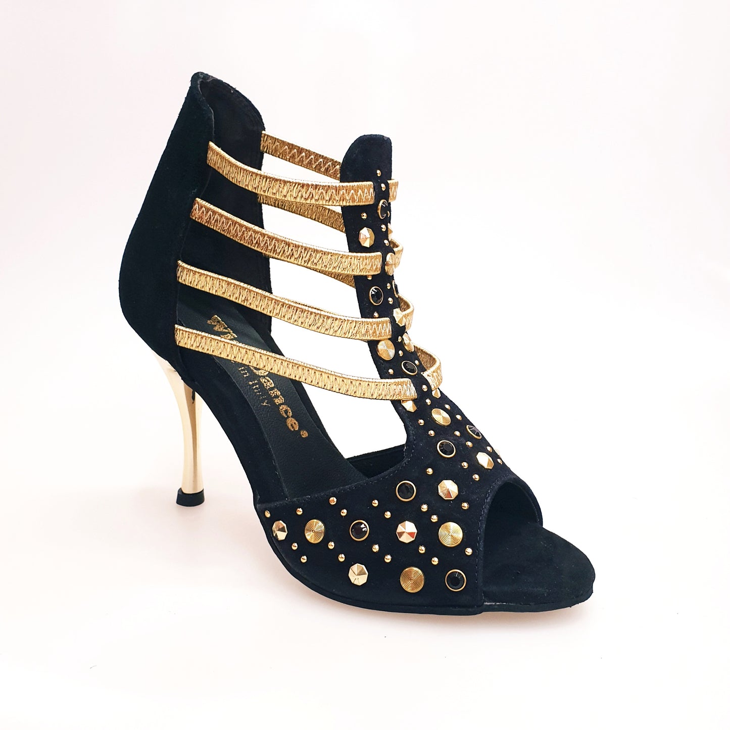 Sandalo donna Swann Elizabeth Pirata in camoscio nero con borchie oro, Swarovski neri, elastici oro e tacco a spillo laminato oro.