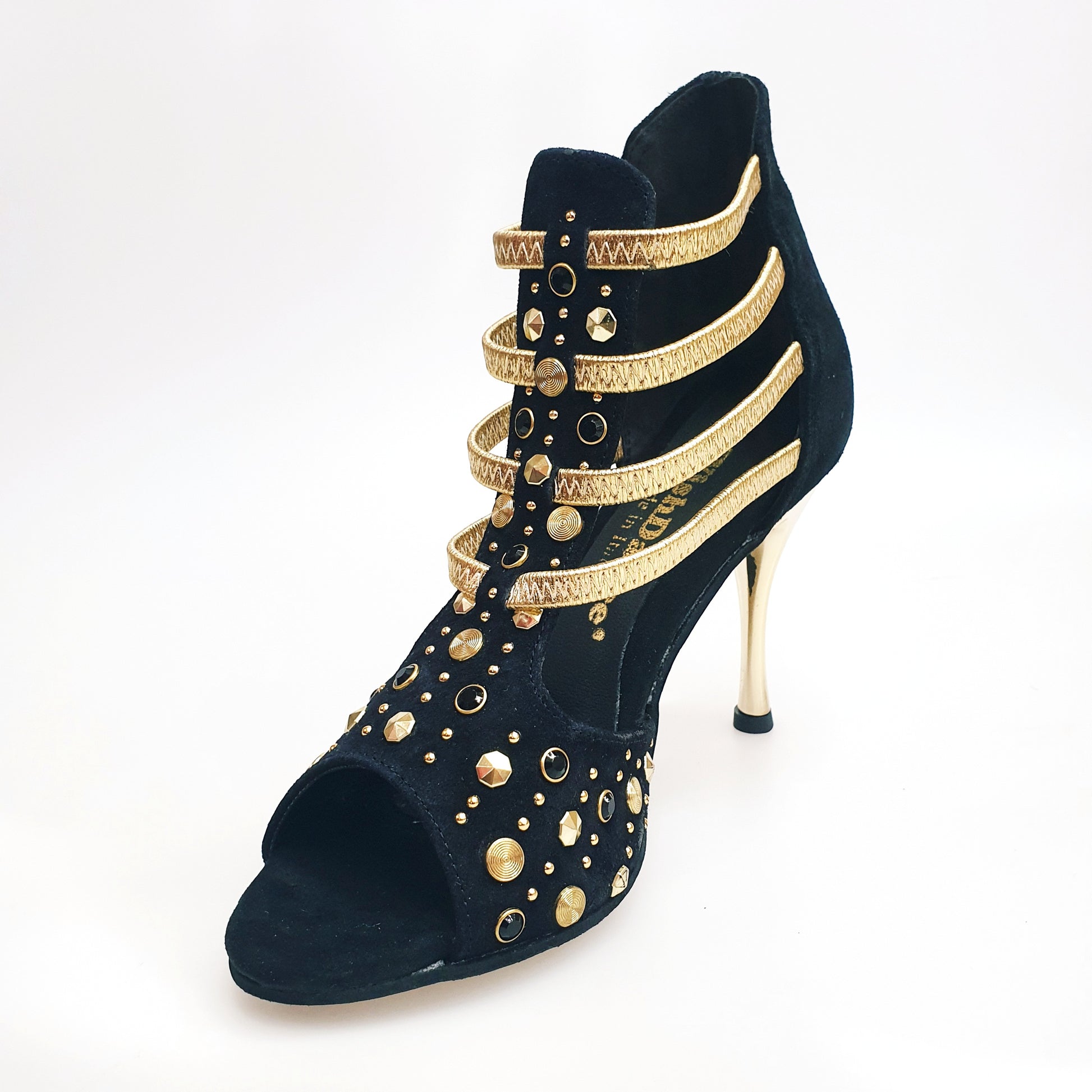 Sandalo donna Swann Elizabeth Pirata Wish Dance Shop in camoscio nero con borchie oro, Swarovski neri e tacco a spillo laminato oro