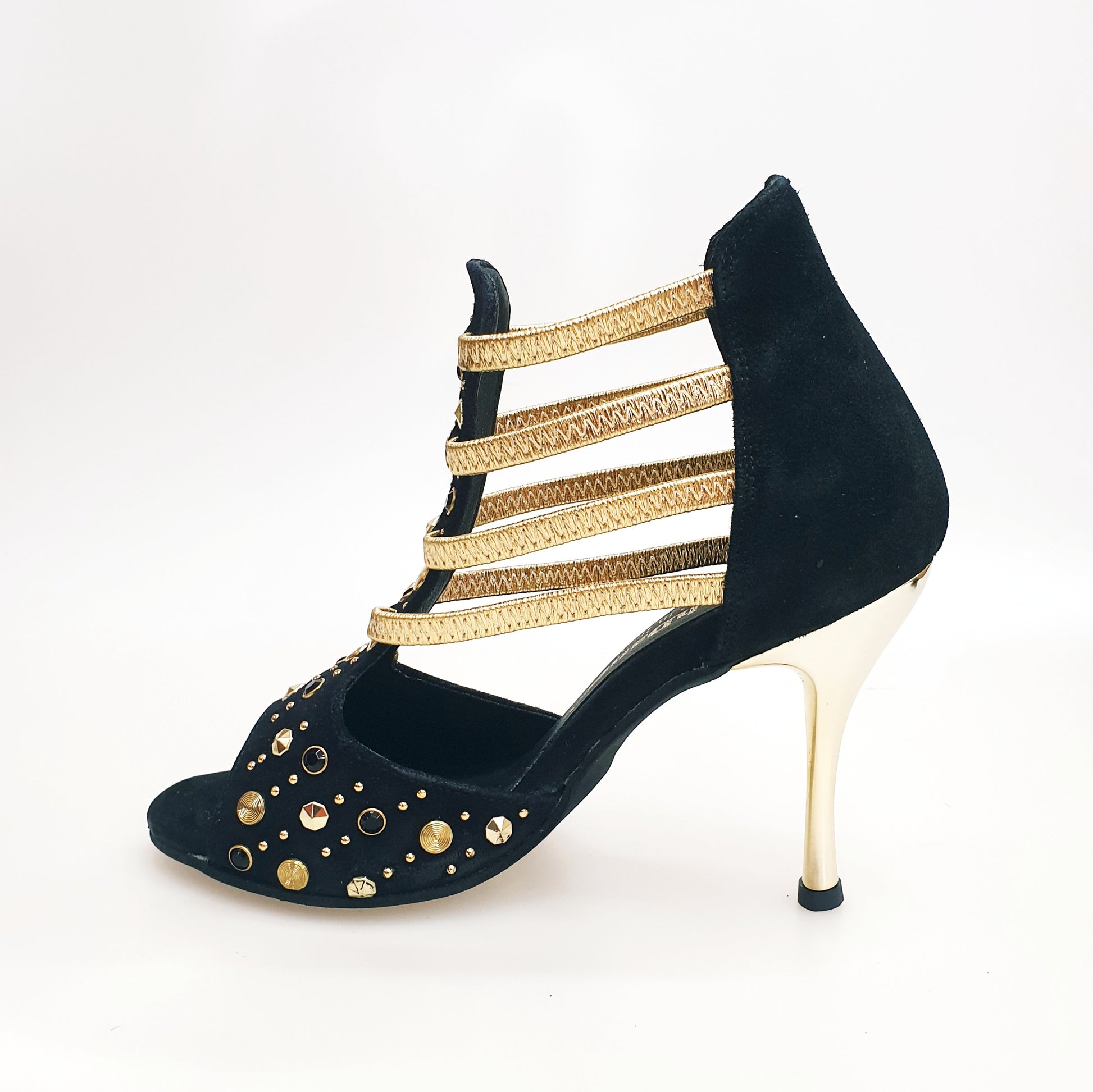 Sandalo donna Swann Elizabeth Pirata Wish Dance Shop in camoscio nero con borchie oro, Swarovski neri e tacco a spillo laminato oro