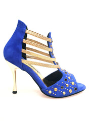 Carica immagine nella Galleria, Swann Elizabeth Pirata (460PW) - Sandalo da Donna in Camoscio Blu Royal con Borchie Oro e Swarovski Neri Incastonati elastici Oro tacco a spillo laminato oro
